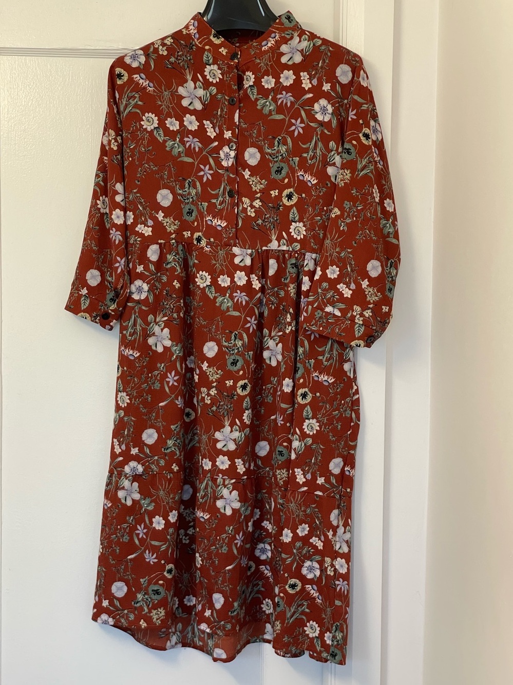Rust Floral Midi Dress with Button Front and Tie Belt